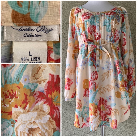 Tasha Polizzi Tops - “Tasha Polizzi” Linen Cotton Floral Tunic Blouse size L